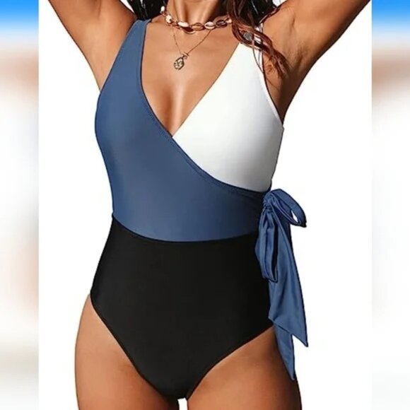 NWT CUPSHE One-Piece Swim Suit – Colorblock blue white black – Large - Picture 1 of 7